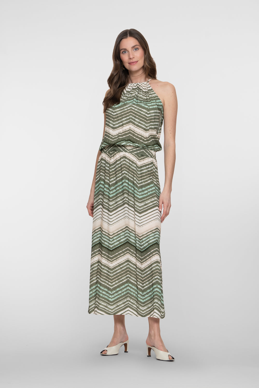Geisha grünes Maxikleid mit Zickzackmuster