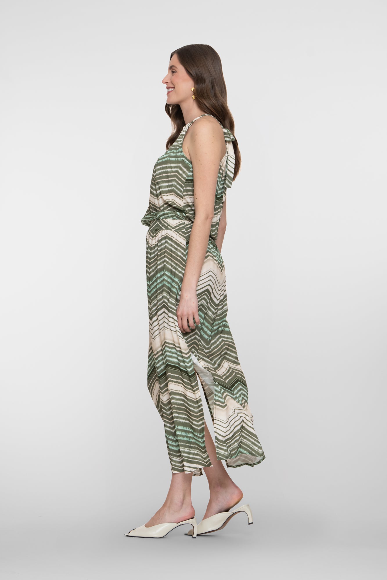 Geisha grünes Maxikleid mit Zickzackmuster