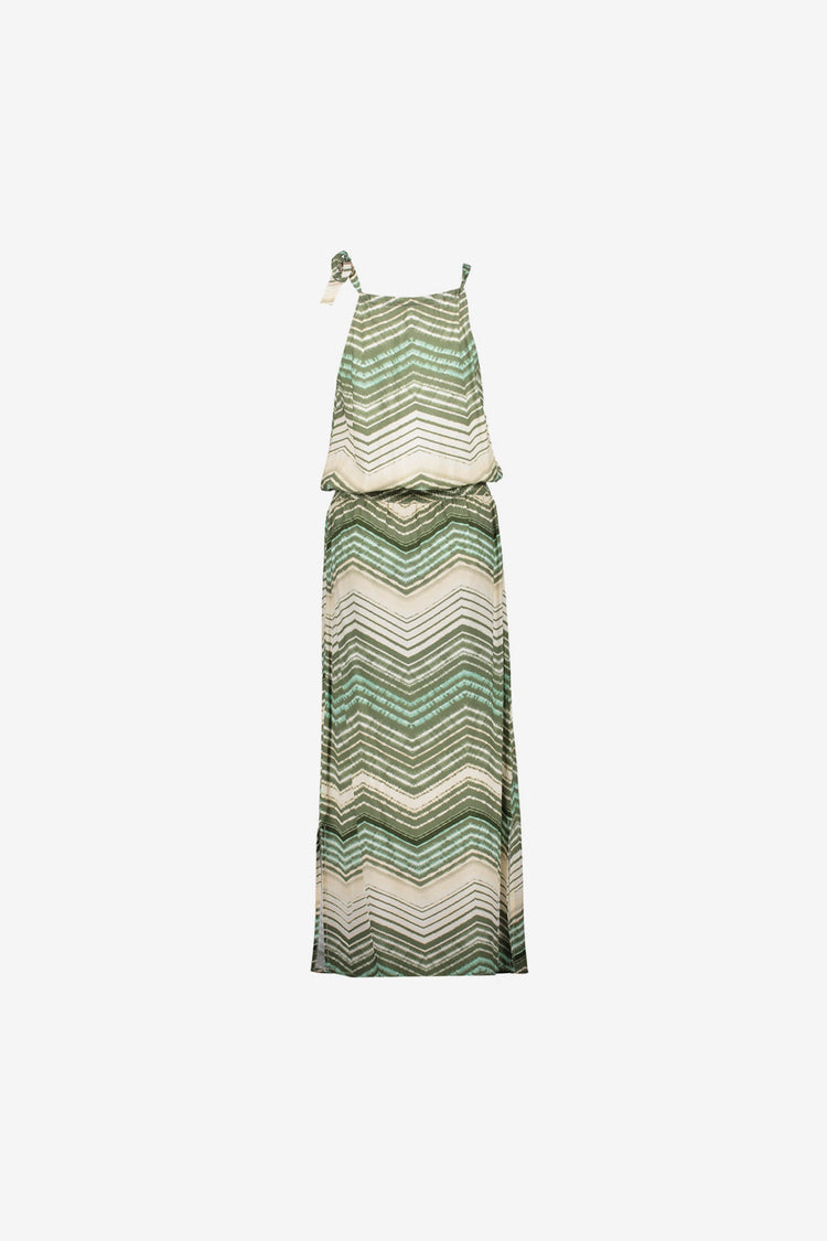Geisha grünes Maxikleid mit Zickzackmuster