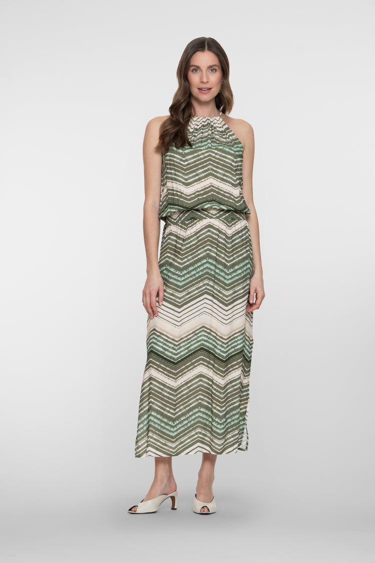 Geisha grünes Maxikleid mit Zickzackmuster