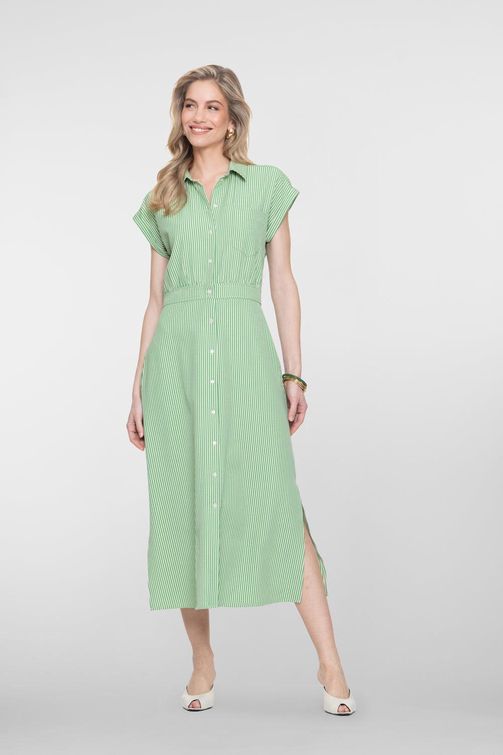 Geisha grünes Midikleid mit vertikalen Streifen und Seitenschlitz