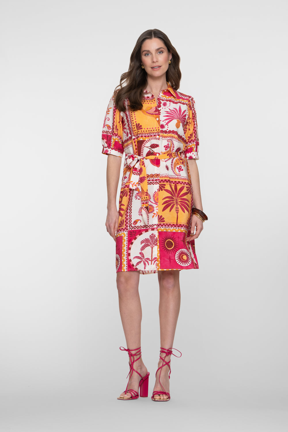 Geisha Blusenkleid mit Patchwork-Print und Bindegürtel