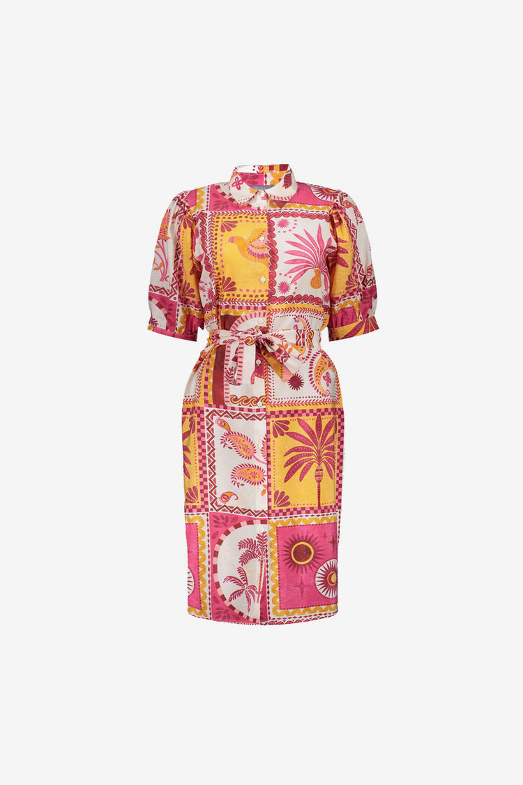 Geisha Blusenkleid mit Patchwork-Print und Bindegürtel
