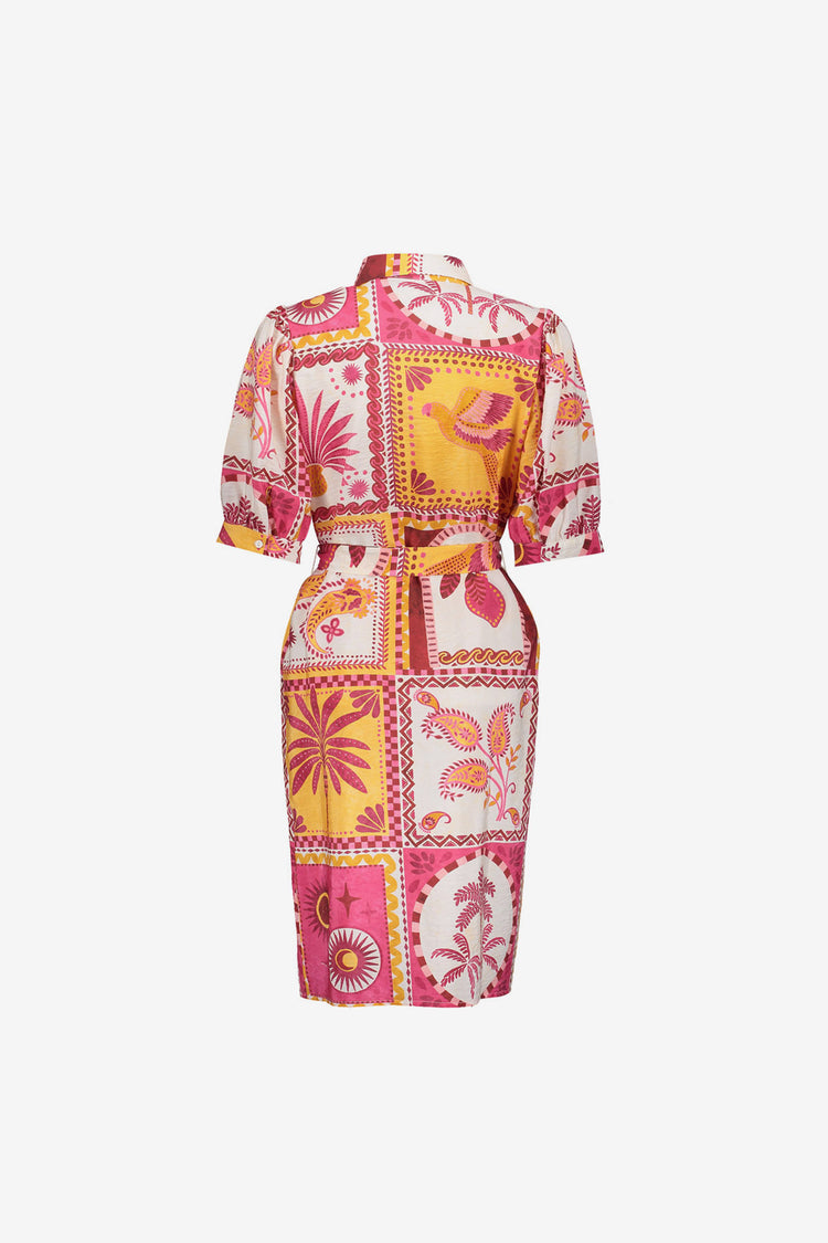 Geisha Blusenkleid mit Patchwork-Print und Bindegürtel