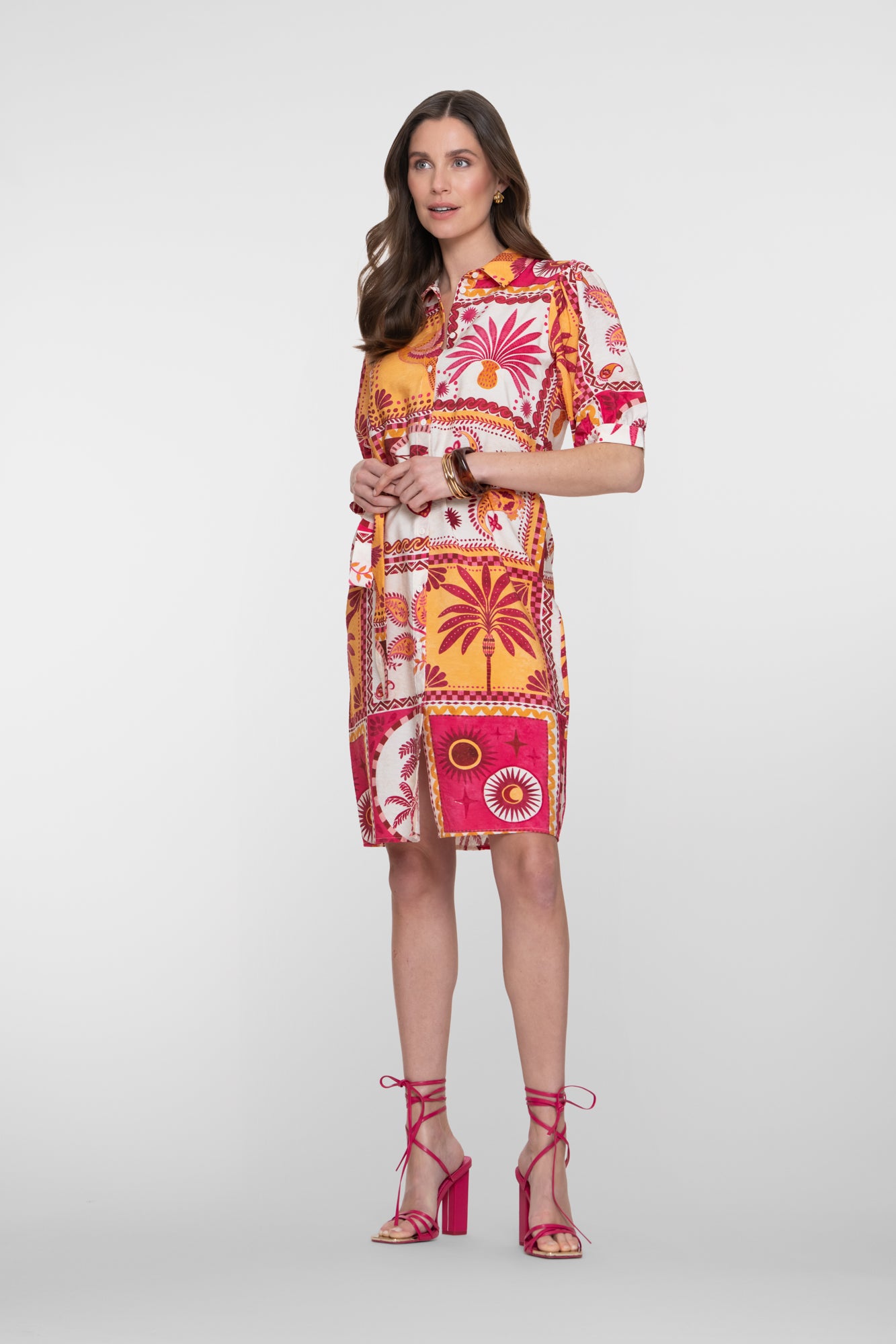 Geisha Blusenkleid mit Patchwork-Print und Bindegürtel