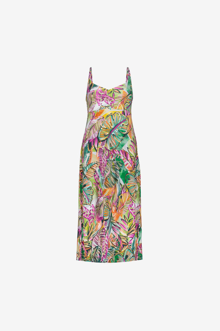 Geisha Kleid mit farbenfrohem Print und Ausschnitt mit Faltenfall