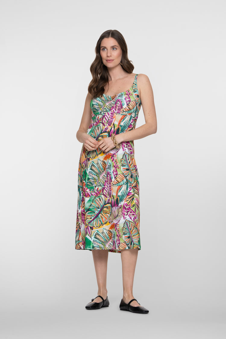 Geisha Kleid mit farbenfrohem Print und Ausschnitt mit Faltenfall
