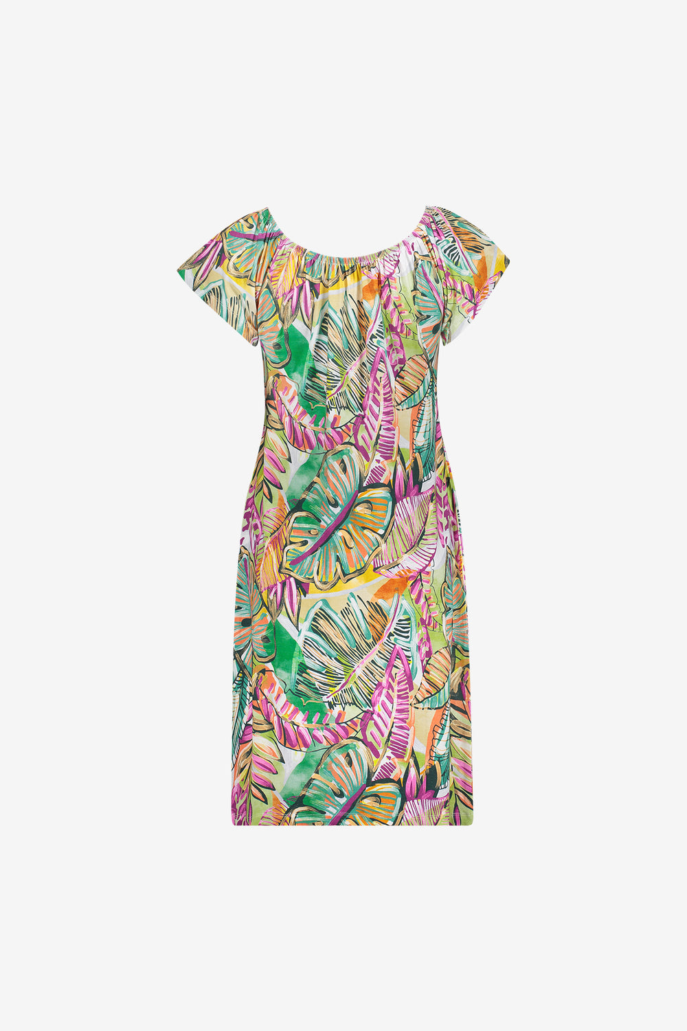 Geisha Kleid mit farbenfrohem Print und elastischem Ausschnitt