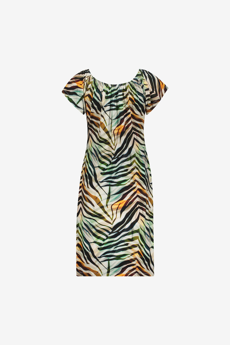 Geisha Kleid mit farbenfrohem Print und elastischem Ausschnitt