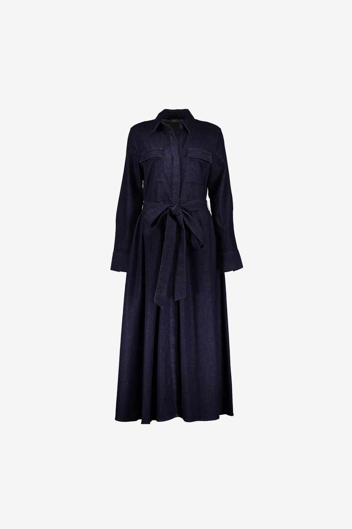 Geisha lange denim jurk met ceintuur en zwierige rok