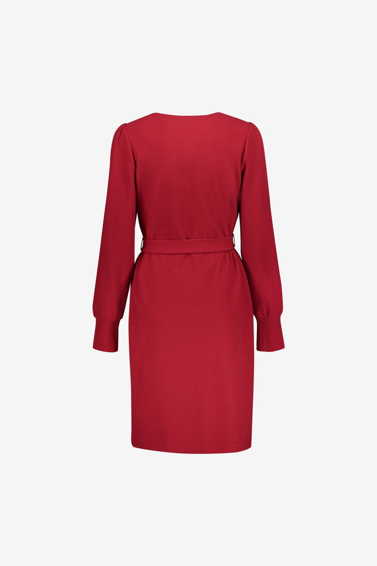 Geisha rotes Kleid mit Bindegürtel und femininer Halslinie