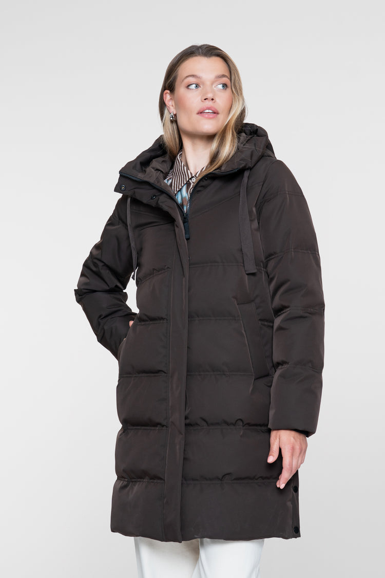 Geisha lange gesteppte Winterjacke mit Kapuze und verdecktem Reißverschluss