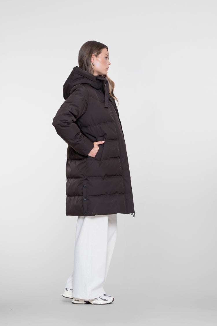 Geisha lange gesteppte Winterjacke mit Kapuze und verdecktem Reißverschluss
