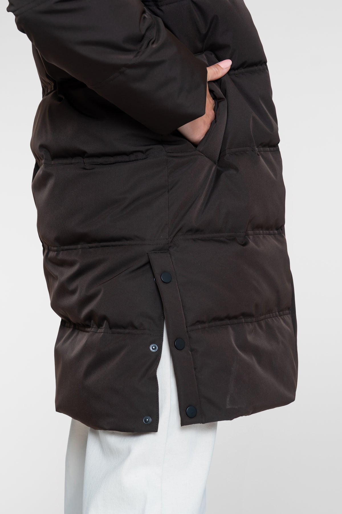 Geisha lange gesteppte Winterjacke mit Kapuze und verdecktem Reißverschluss