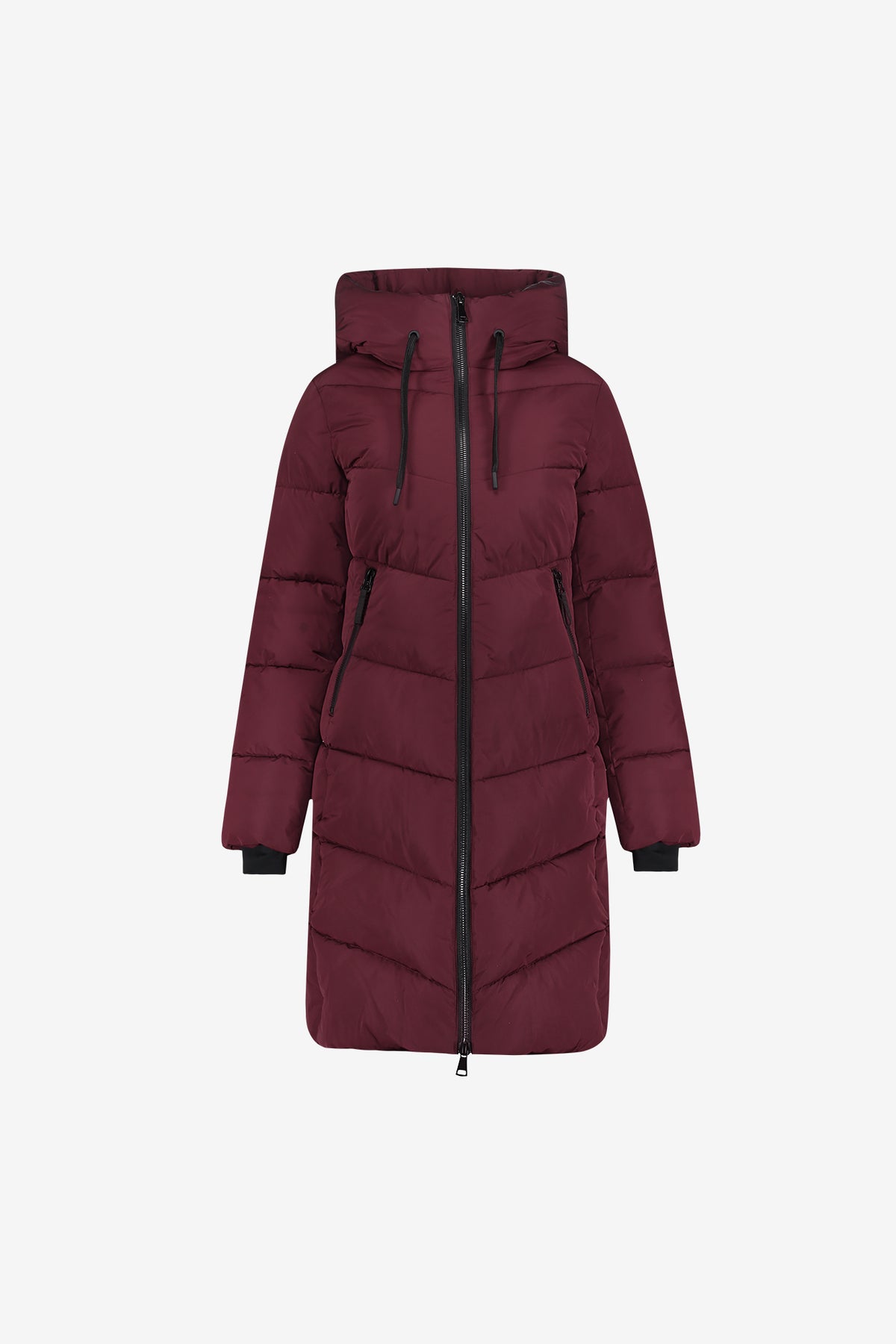 Geisha lange gesteppte Jacke in Burgundy mit hoher Kapuze