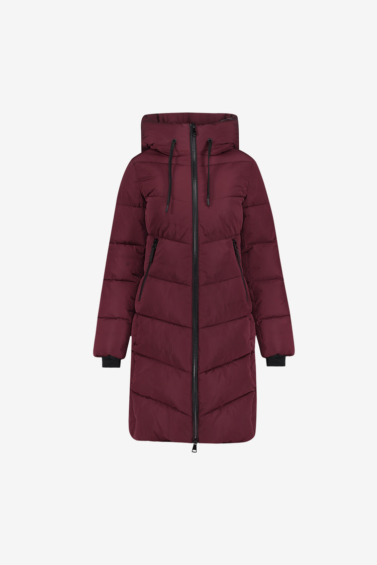 Geisha lange gesteppte Jacke in Burgundy mit hoher Kapuze