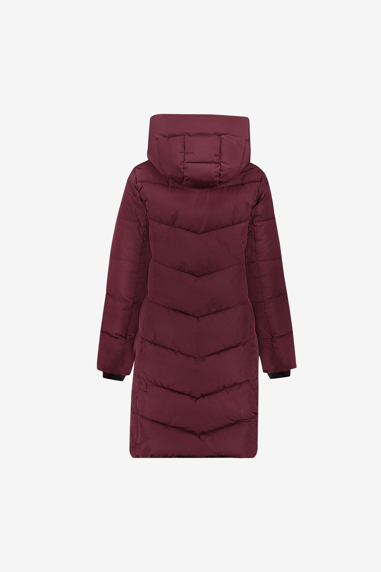 Geisha lange gesteppte Jacke in Burgundy mit hoher Kapuze
