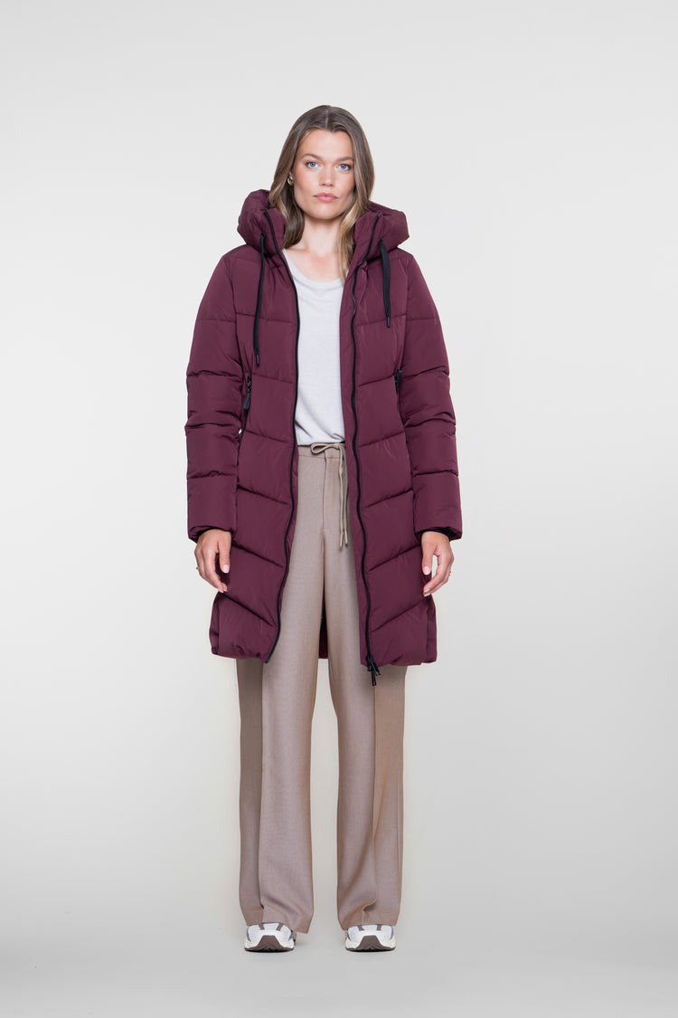 Geisha lange gesteppte Jacke in Burgundy mit hoher Kapuze