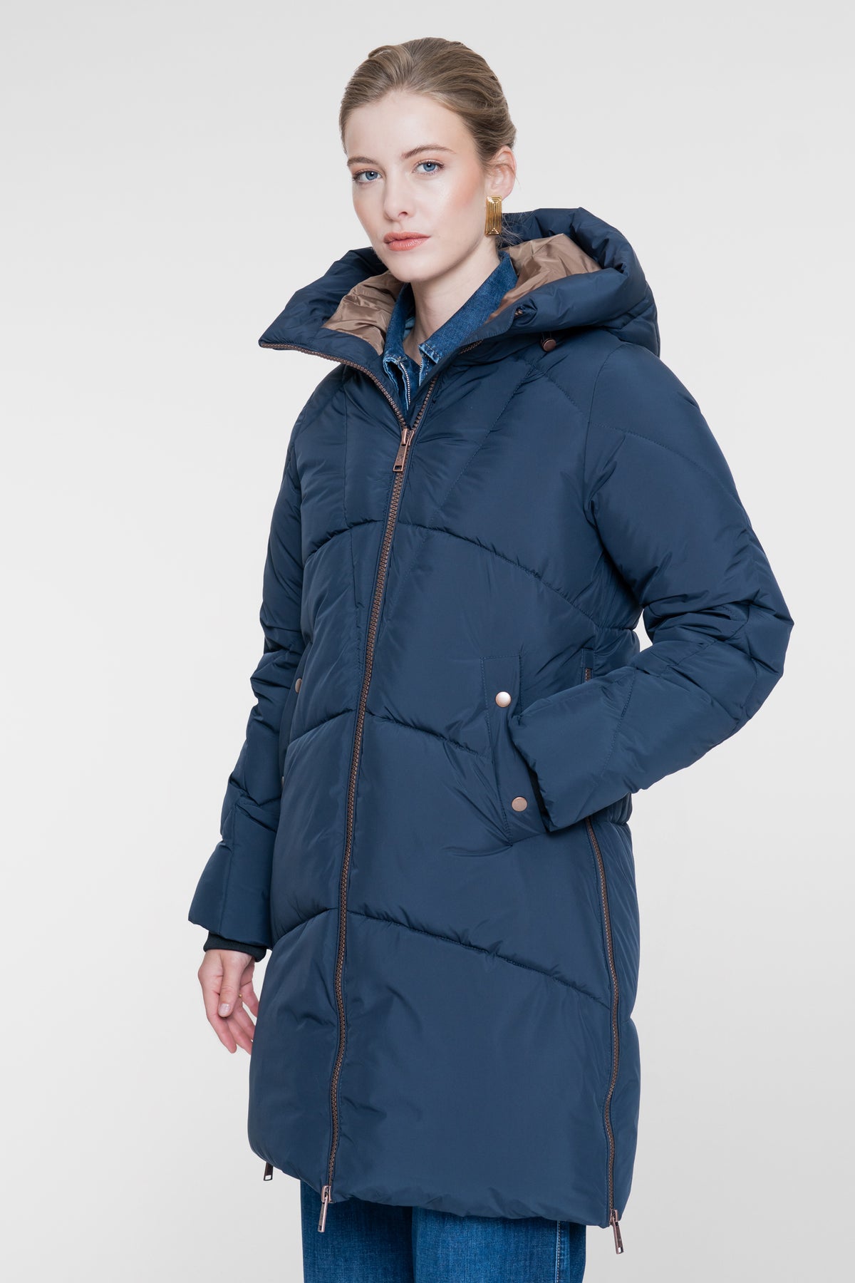 Geisha lange gesteppte Winterjacke mit kupferfarbenen Details