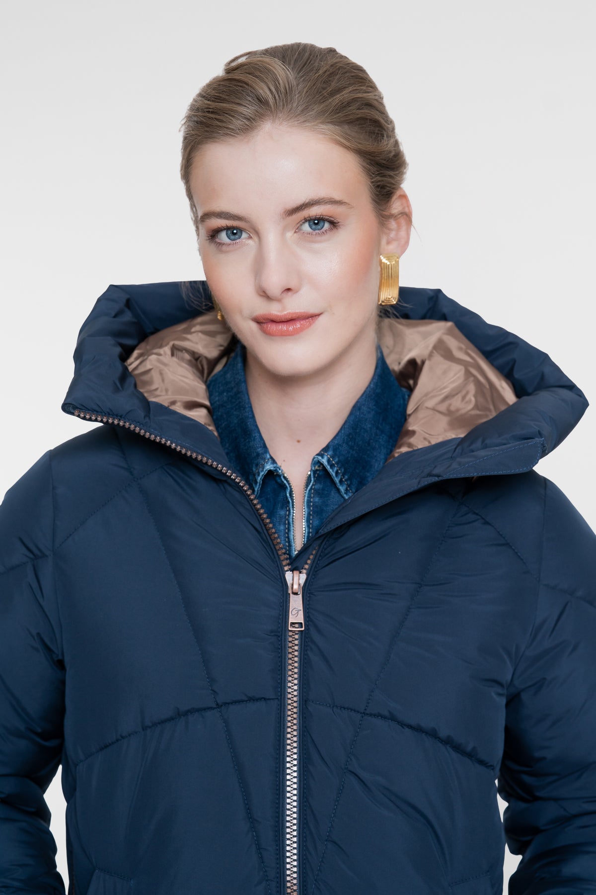 Geisha lange gesteppte Winterjacke mit kupferfarbenen Details
