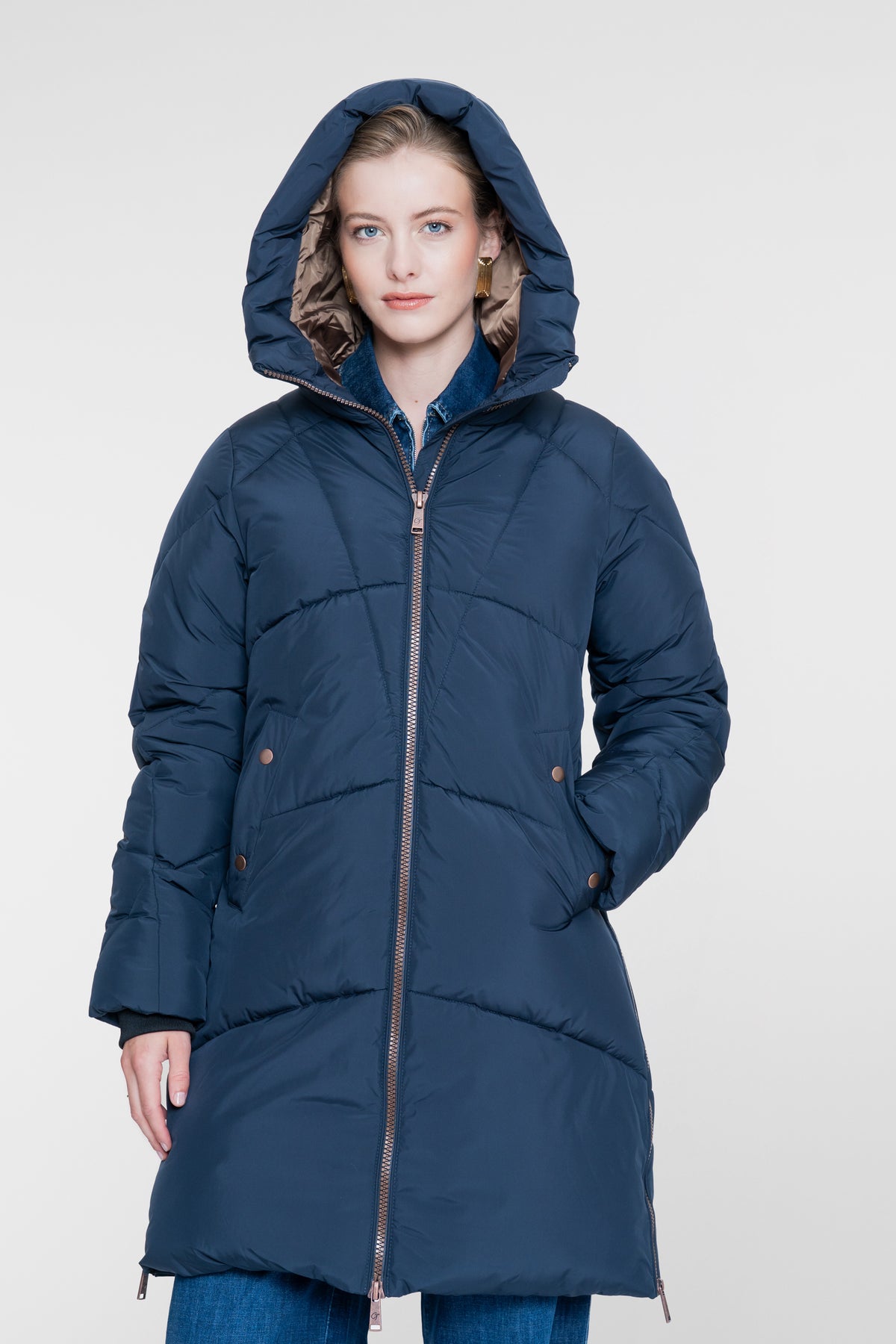 Geisha lange gesteppte Winterjacke mit kupferfarbenen Details